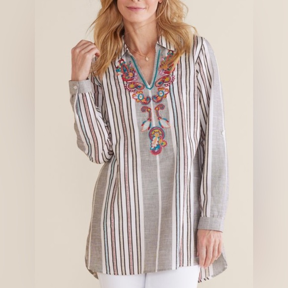 Soft Surroundings Tops - Soft Surroundings Floral Embroidery Top Paisley Tunic Stripe Pocket Roll Tab M